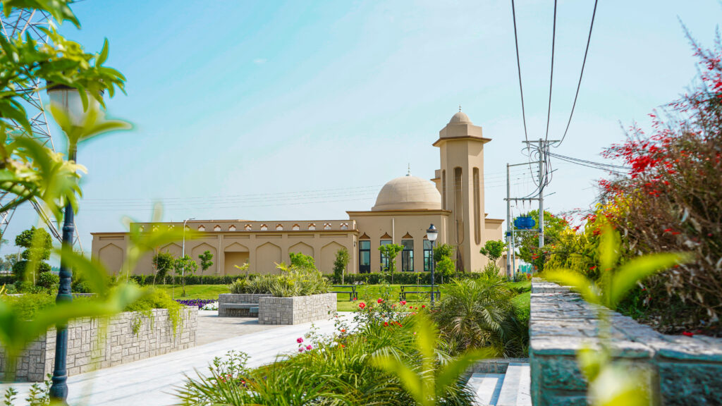 The community mosque in its landscaped grounds