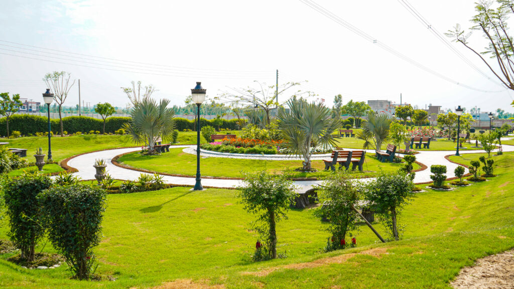 Lawns, flower beds and lamp posts in a park