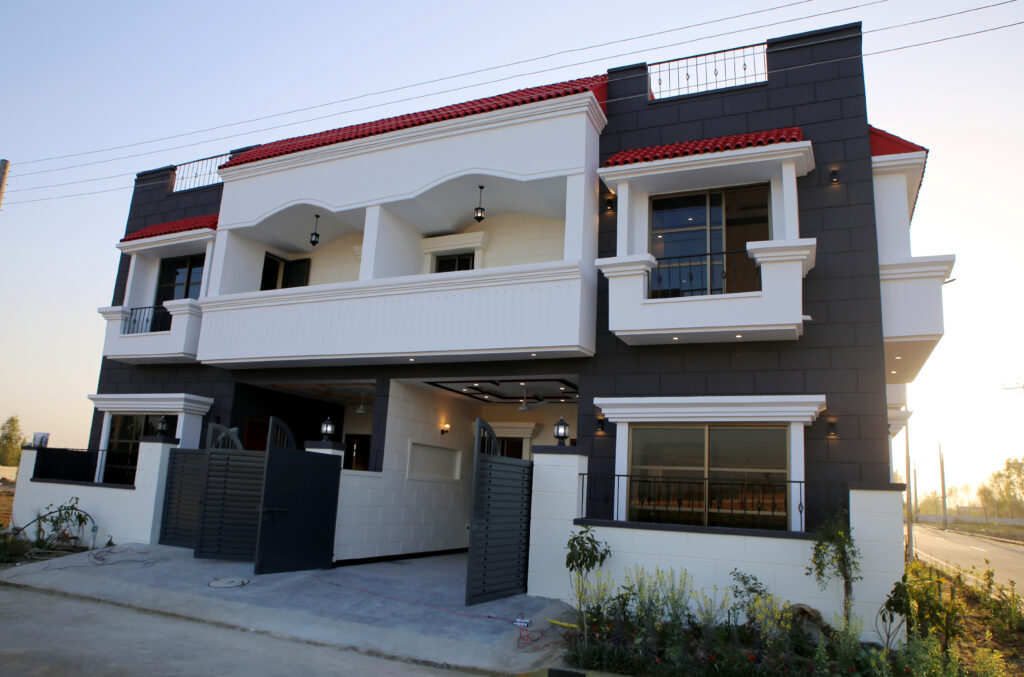 The front of a completed house