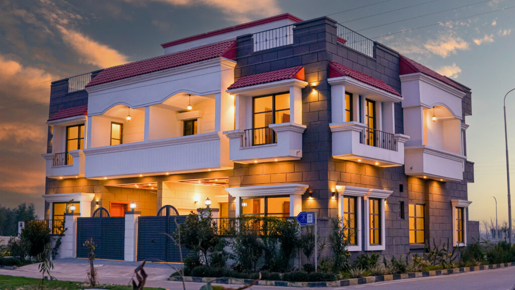 A completed family home at Green Mansions at dusk